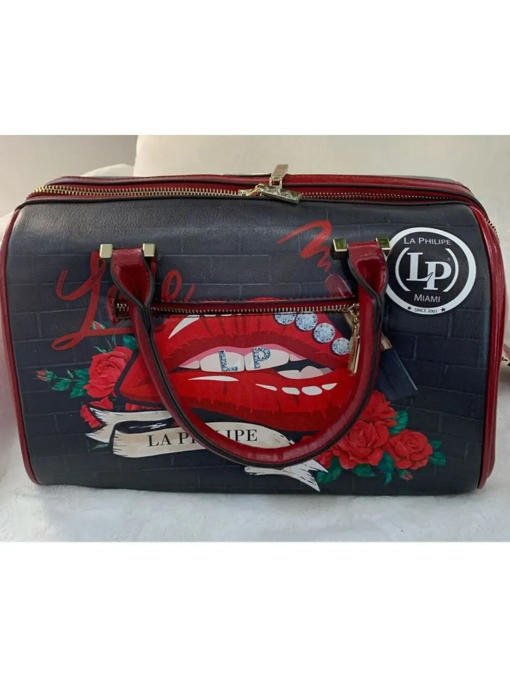 La Philipe Miami Designer Handbag with Red Lip Print and Emb